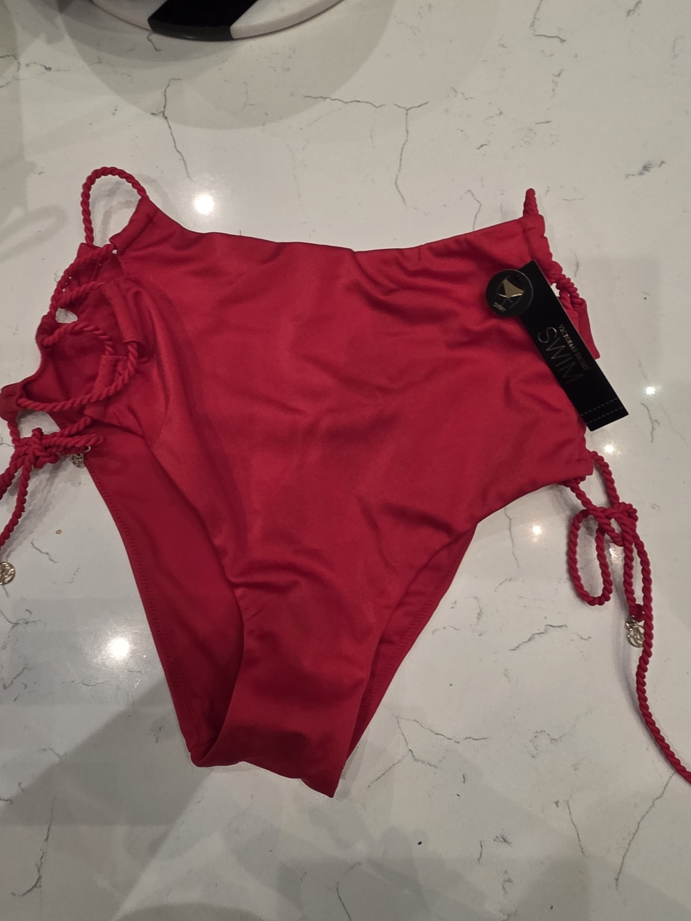 Women’s Red High-Waist Swim Bottoms with Side Ties